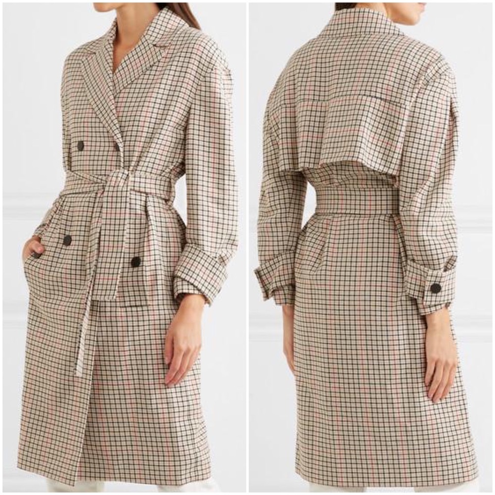 MAJE PRINCE OF WALES CHECKED TWILL TRENCH COAT IN BEIGE FR 36 US 4